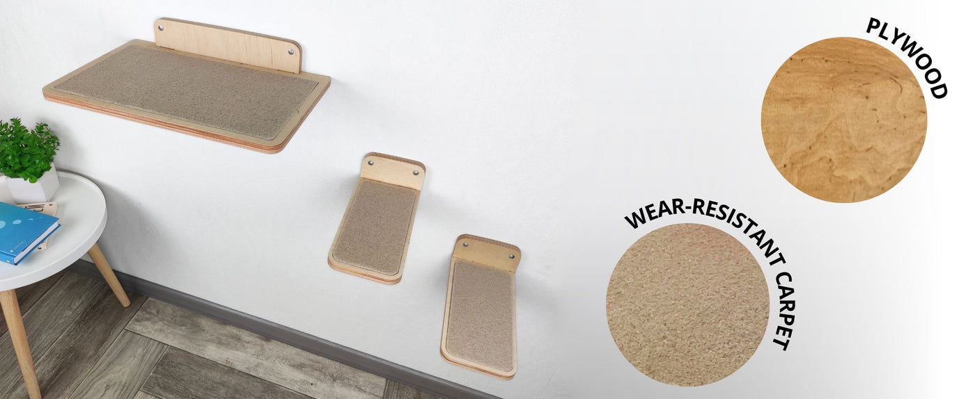 Set of wooden cat furniture on a white surface with wear-resistance labels.