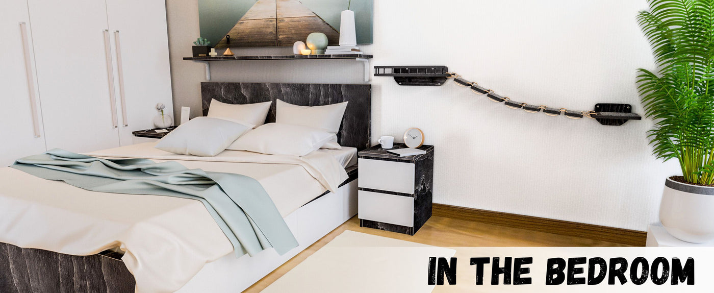 Modern bedroom with cat bed, nightstands, and decor elements.