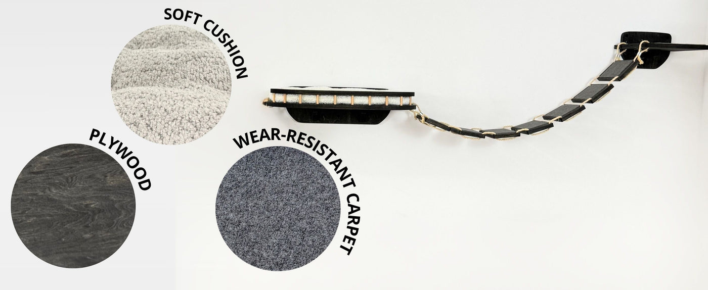 Sampled materials for a product with 'Soft Cushion', 'Plywood', and 'Wear-Resistant Carpet' labels.