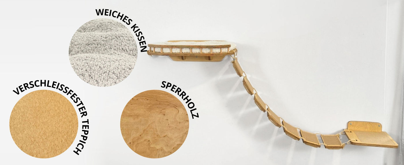 Wooden climbing cat bridge with different wood types labeled on a white background