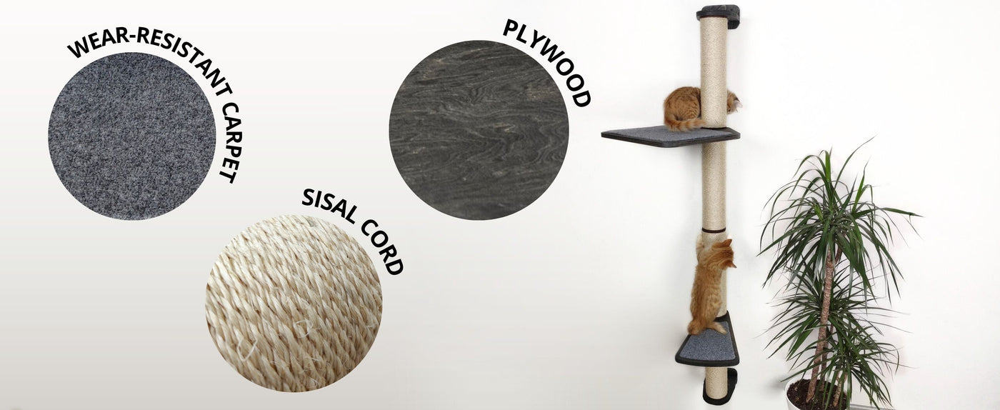 Cat scratching post with material labels for wear-resistant carpet, plywood, and sisal cord on a white background.