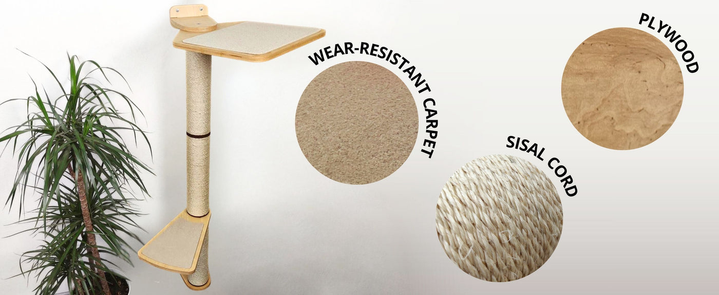 Cat tree with wear-resistant carpet, sisal cord, and plywood components on a white background.