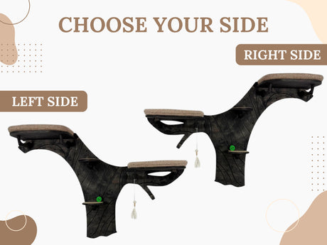 Wooden pet climbing structure with 'Choose Your Side' text on a light background