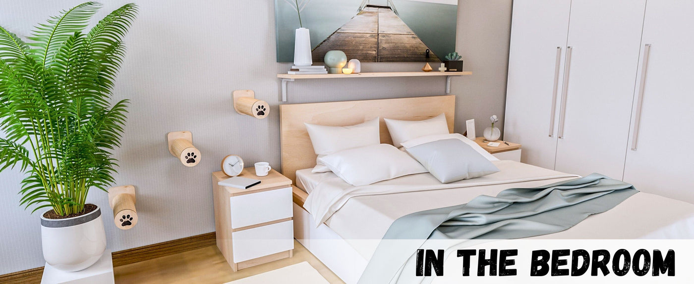 Modern bedroom with bed, nightstands, and cat steps.