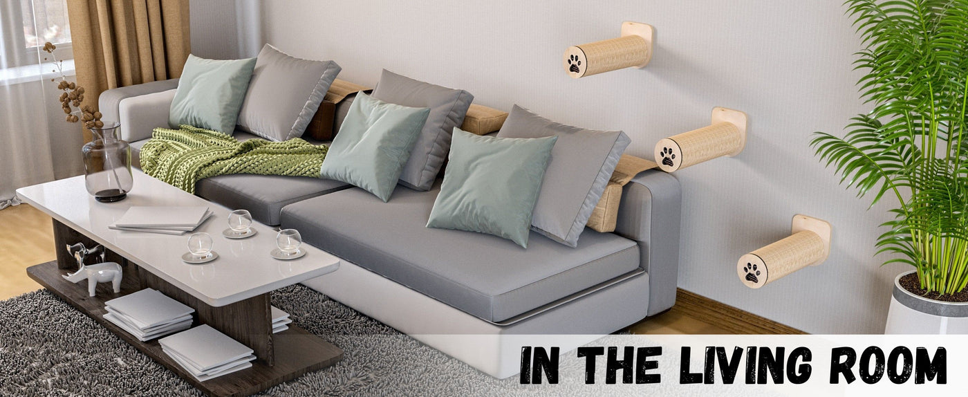 Gray sectional sofa in a living room with a coffee table and cat steps.