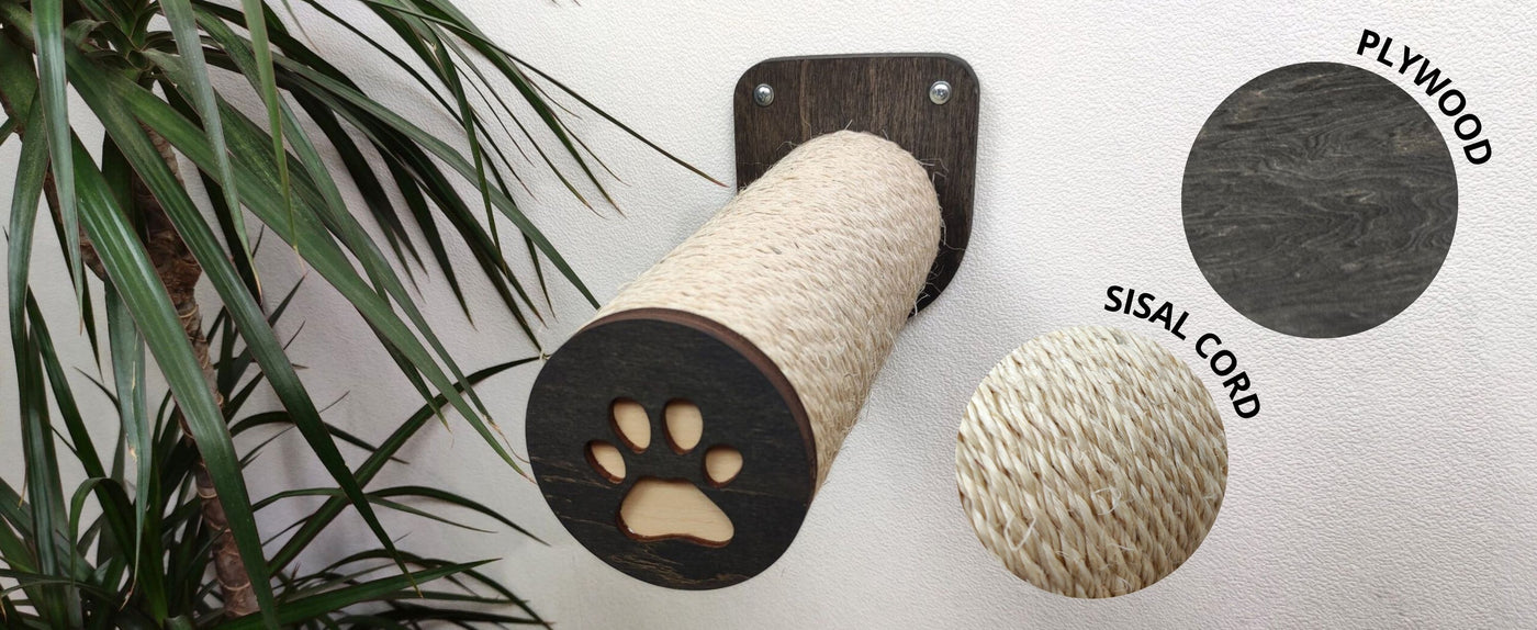 Cat scratch post with paw design, sisal cord, and plywood components on a white background.