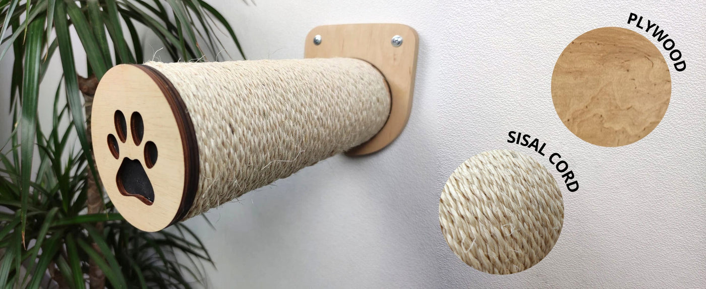 Wooden cat scratcher with sisal cord and plywood components on a white background