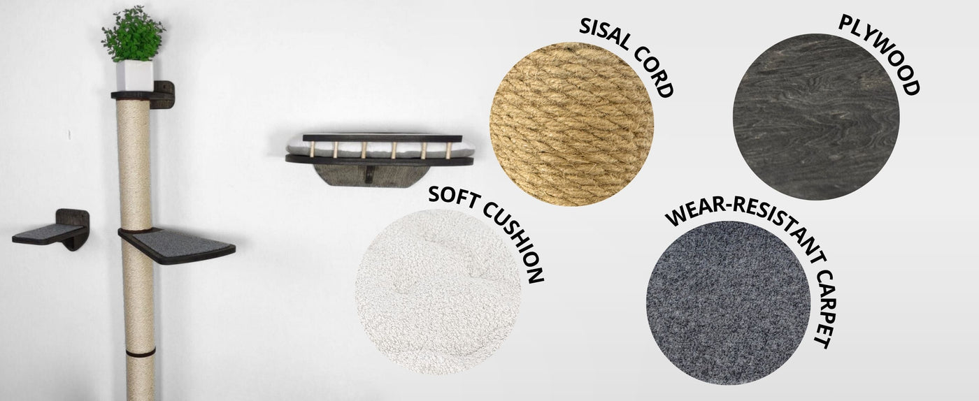 Cat climbing post with material labels for sisal cord, plywood, soft cushion, wear-resistant carpet on a white background.