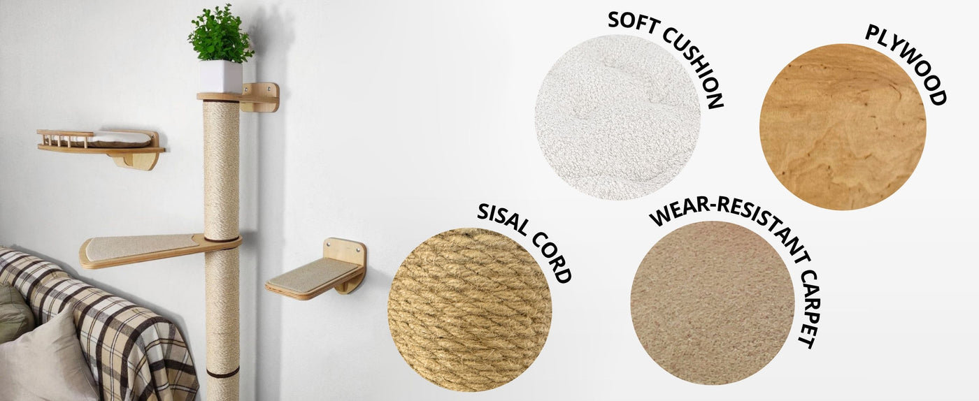 Wall-mounted cat scratching post with color swatches labeled 'Sisal Cord', 'Wear-Resistant Carpet', 'Plywood', and 'Soft Cushion'.