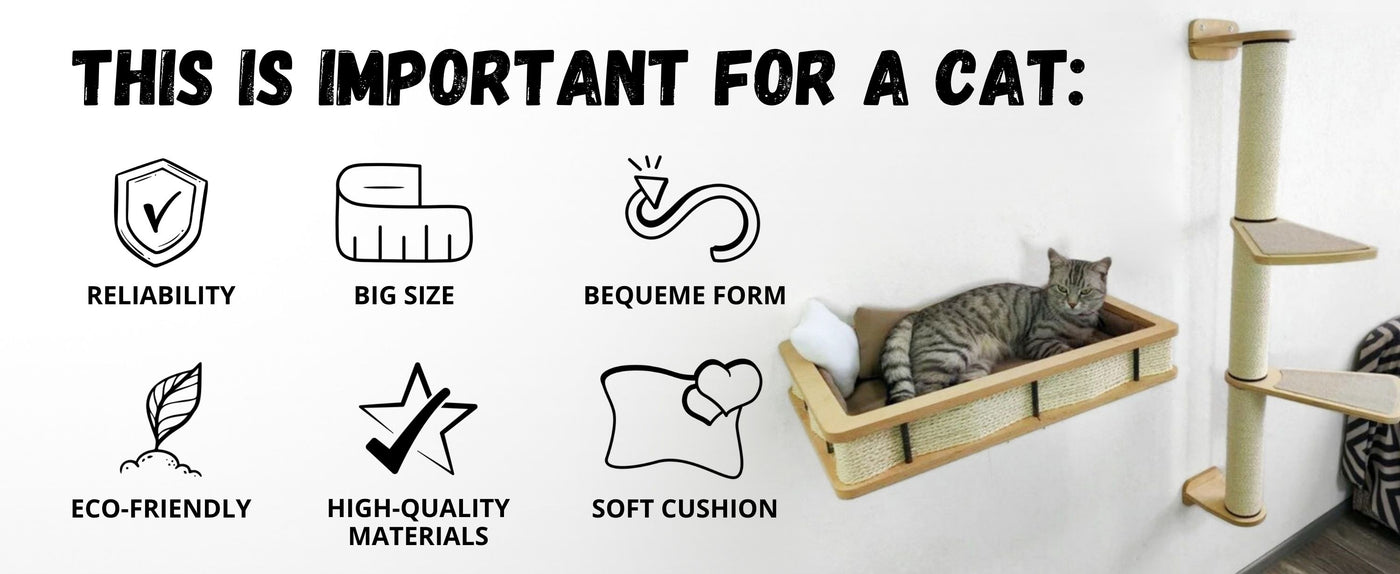 Cat furniture with features highlighted for a cat's comfort, including reliability, big size, bequeime form, eco-friendly, high-quality materials, and soft cushion.