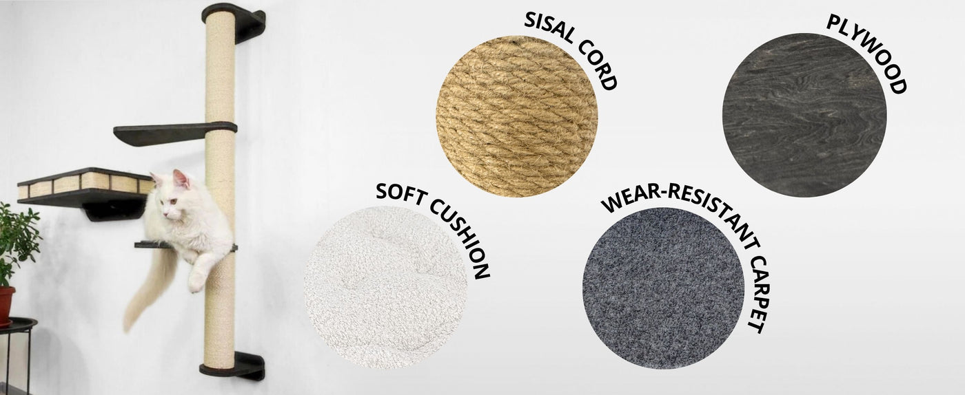 Cat climbing post with materials labeled on a white background