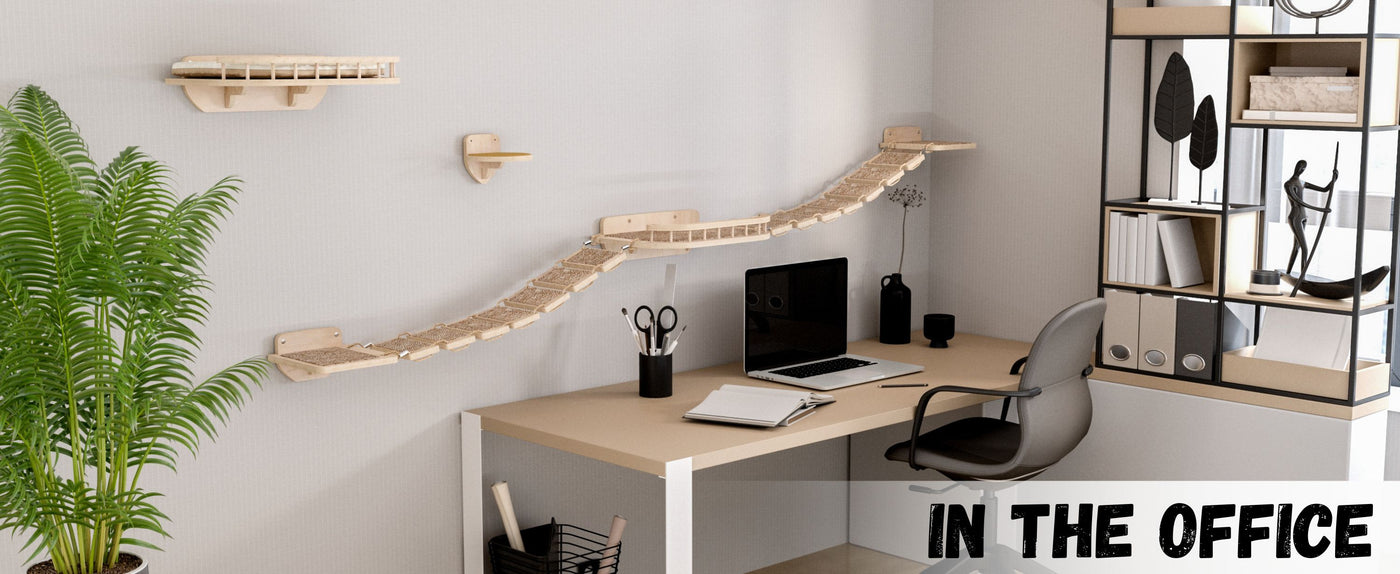 Modern office setup with a desk, chair, and cat shelves.