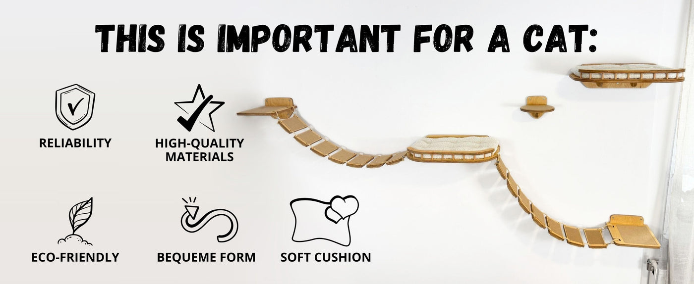 Cat climbing shelf with features listed on a white background