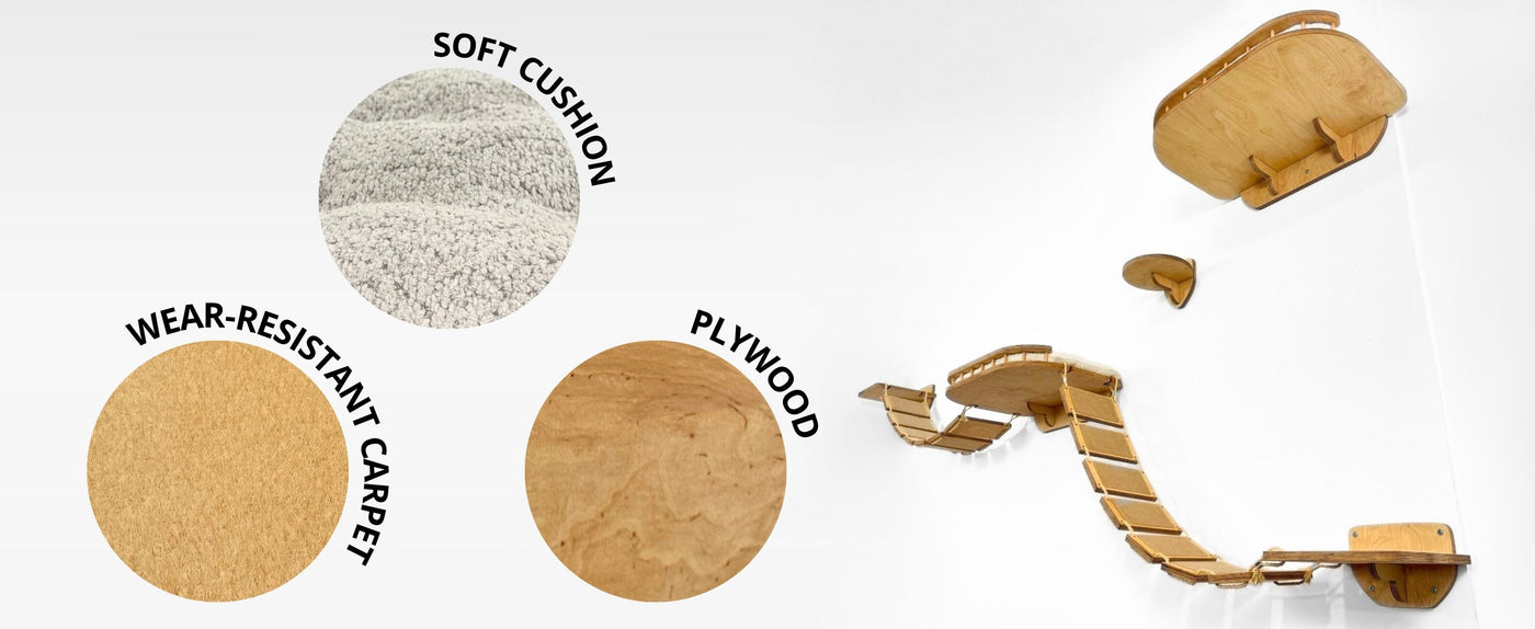 Wooden pet ramp with cushioned steps and material labels on a white background
