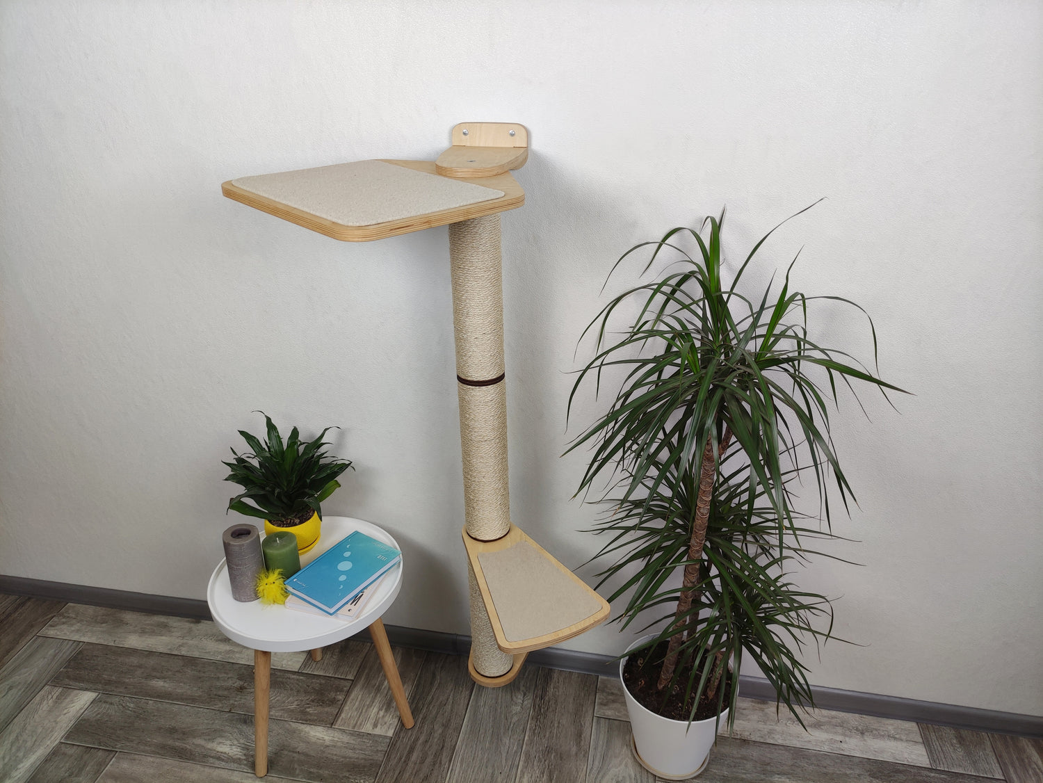 Wall mounted cat scratching post with 2 shelves