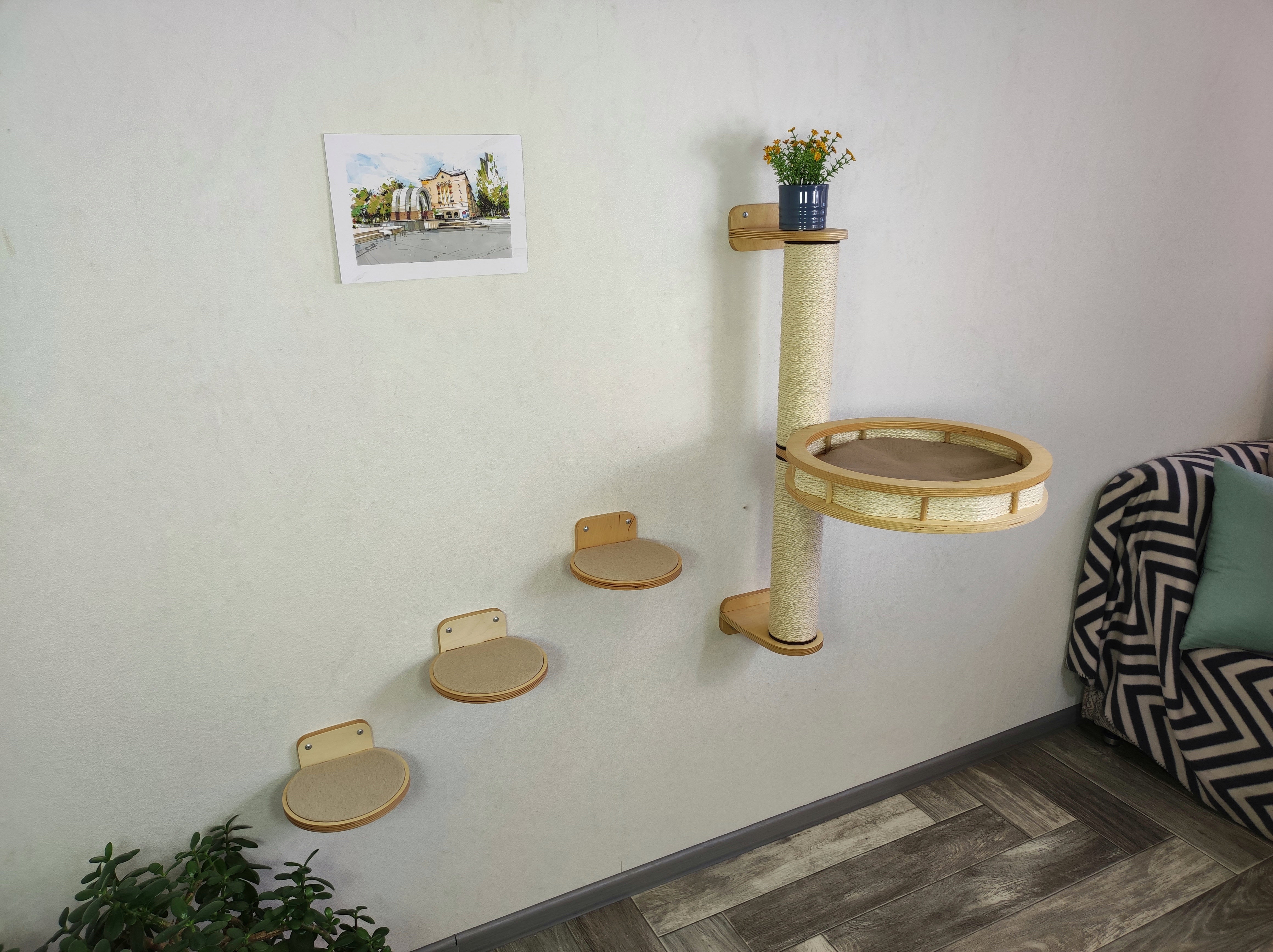 Cat wall tree and shelves - modern set - Light / Steps plus Round shelf
