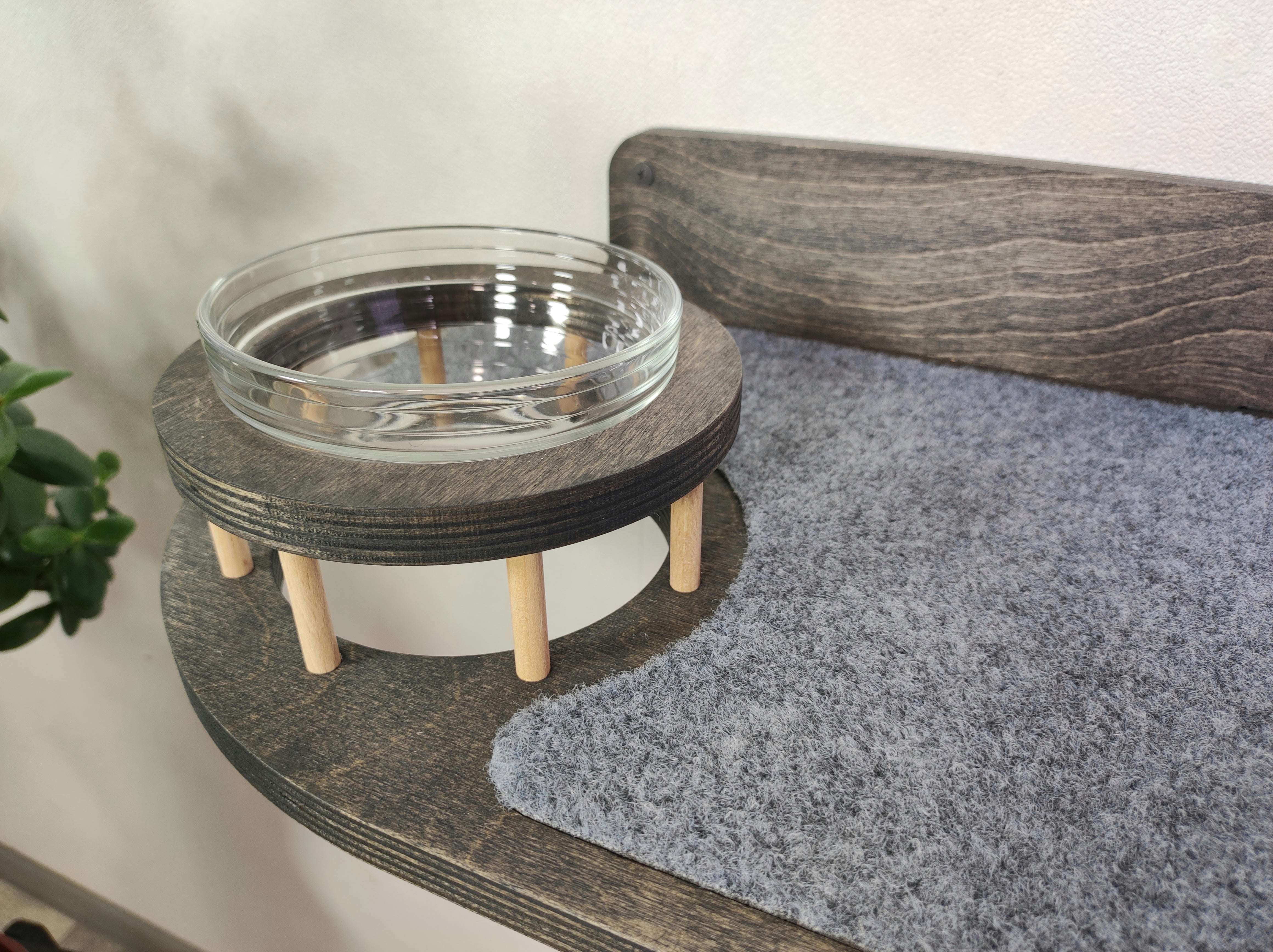 Cat modern feeder shelf - Dark & one raised bowl plus bridge