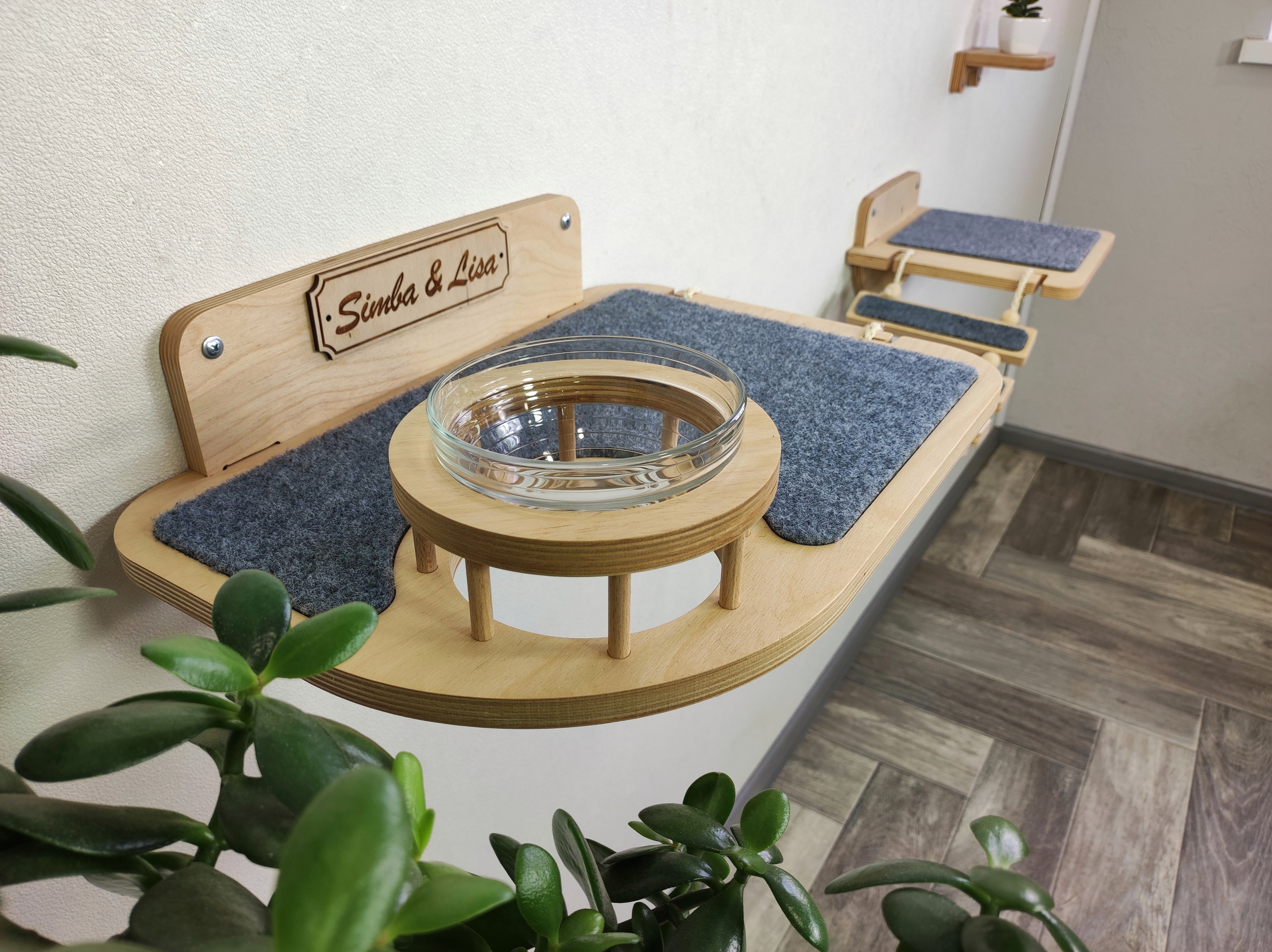Cat modern feeder shelf - Light & one raised bowl plus bridge