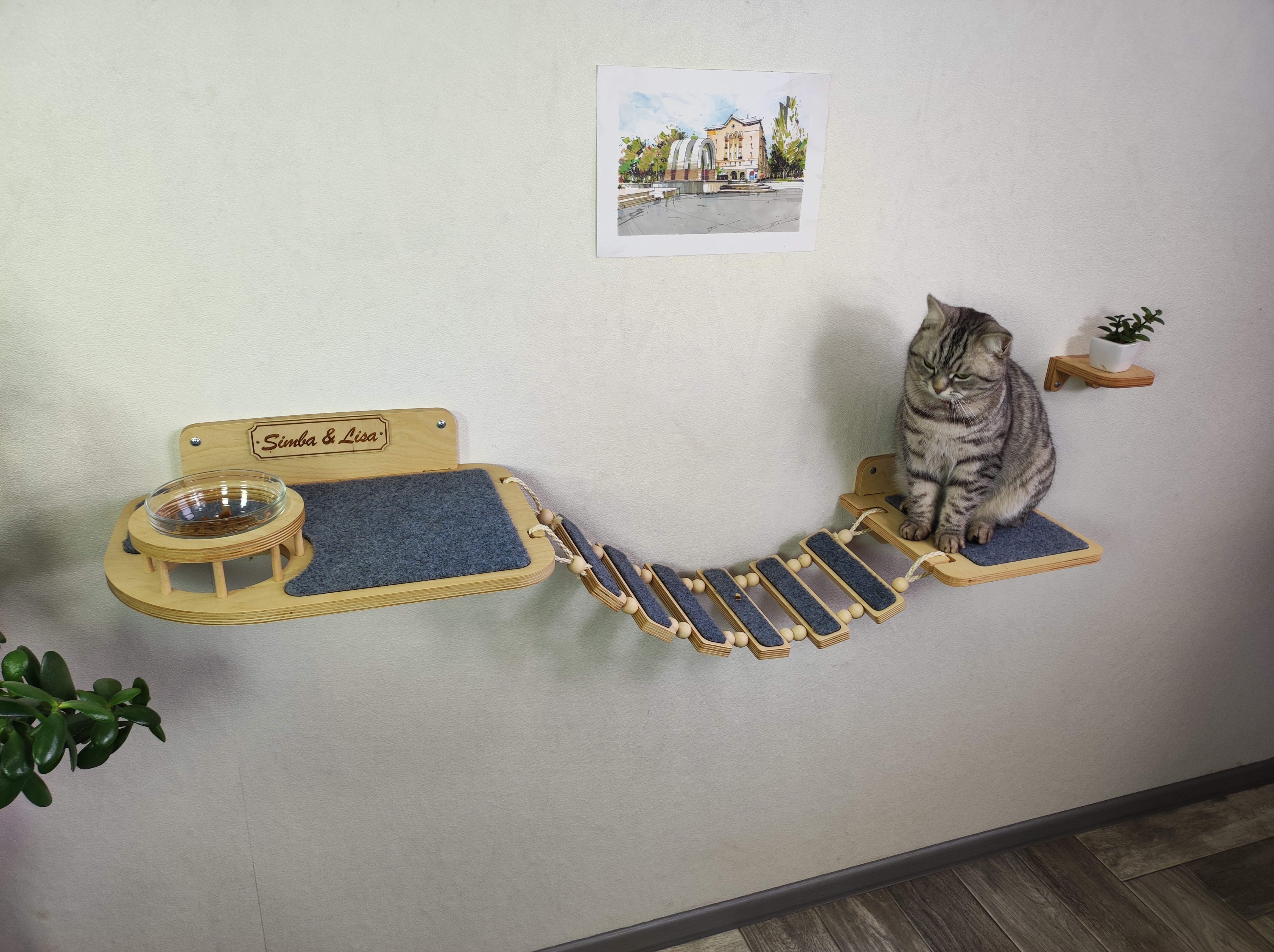 Cat modern feeder shelf - Light & one raised bowl plus bridge