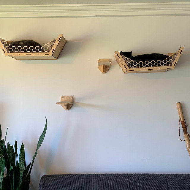 Wall shelf cat bed / Hexagon - Dark
