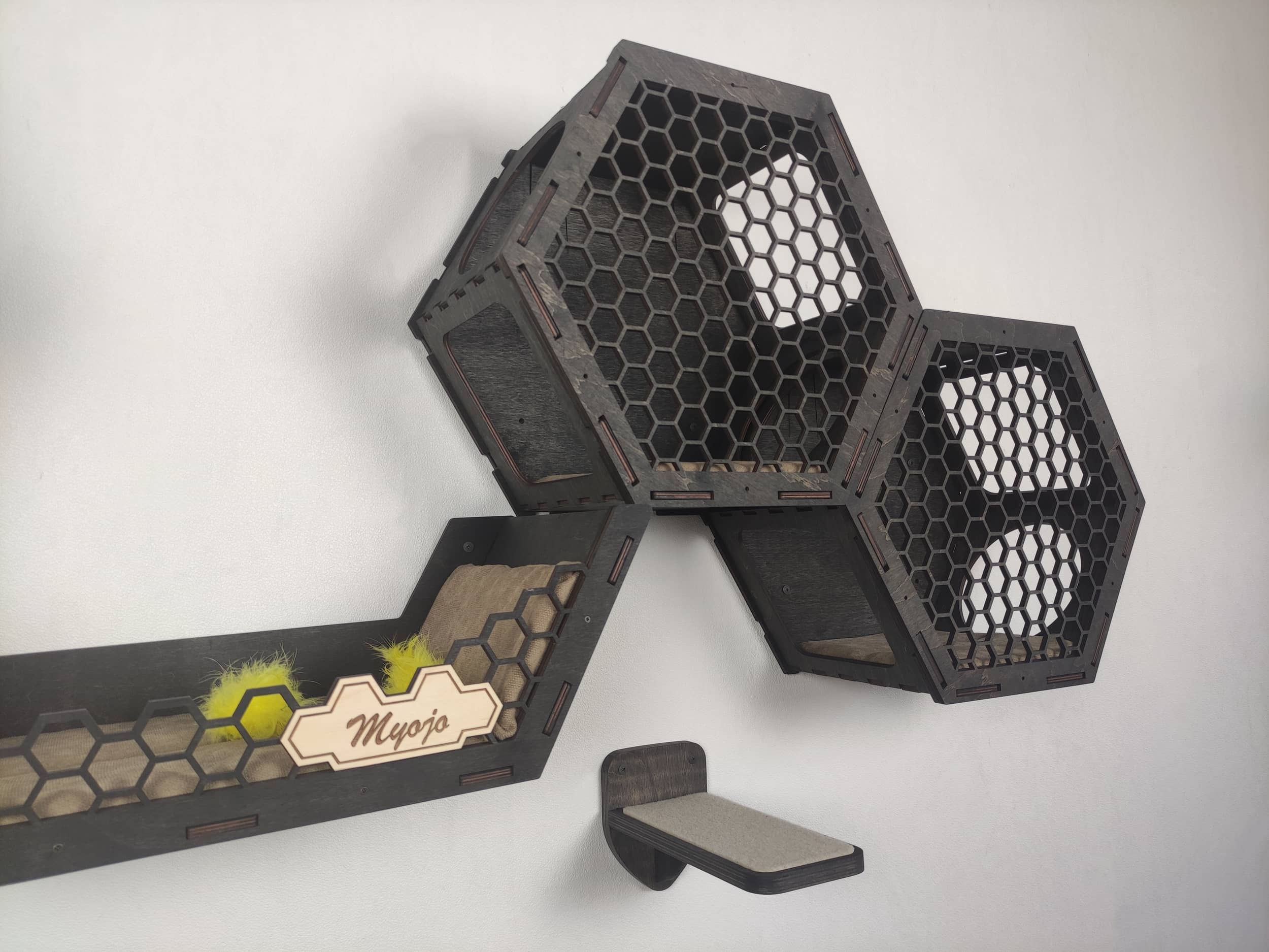 Hexagon Cat Wall Shelf with Decorative Honeycomb Front Panel