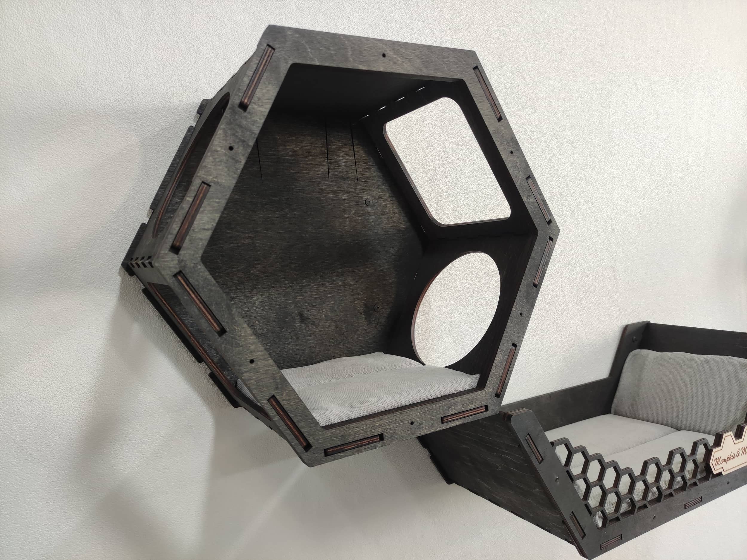 Set of hexagons cat shelves end cat bed "Symmetry" - Dark