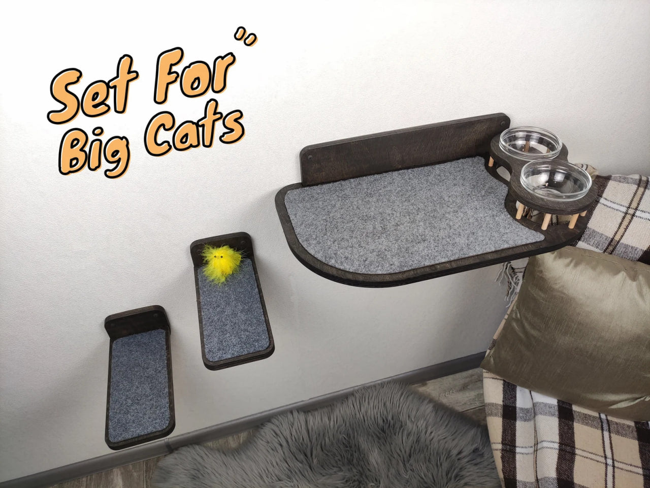 Cat feeder set for big cats - Dark & raised bowls plus 2 steps