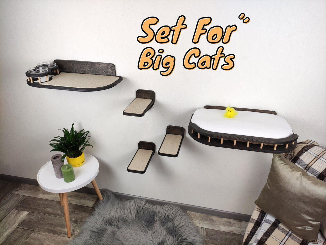 Cat wall shelves - set for big cats - Dark & Bed plus Feeding shelf