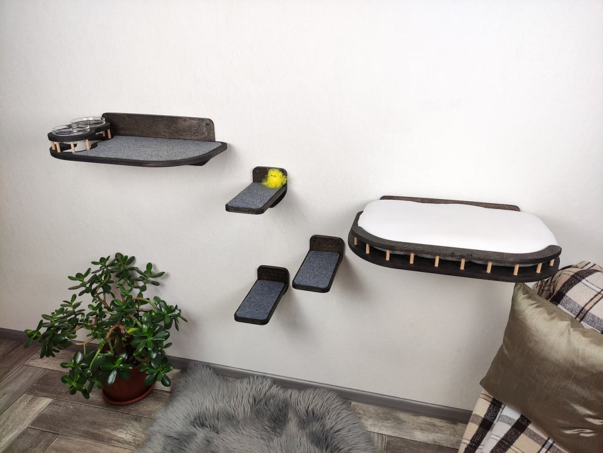 Cat wall shelves - set for big cats - Dark & Bed plus Feeding shelf