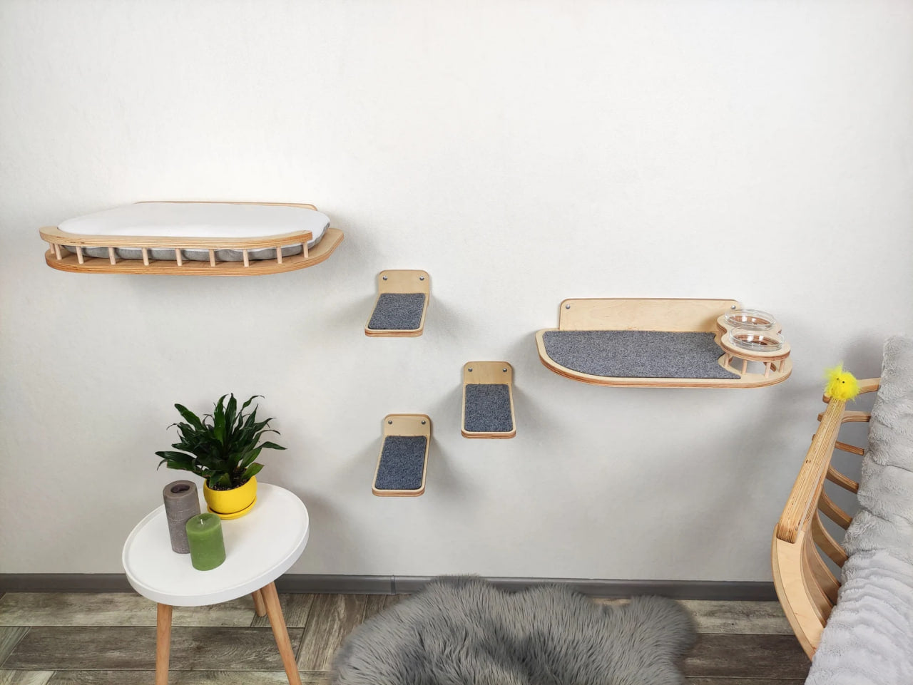 Cat wall furniture set for big cats - Light & Bed plus Feeding shelf